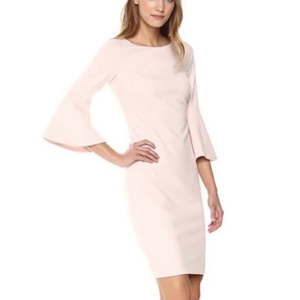 Calvin Klein Blush Pink 3/4 Bell‎ Sleeve Crepe Sheath Dress Gold Back Zipper 8